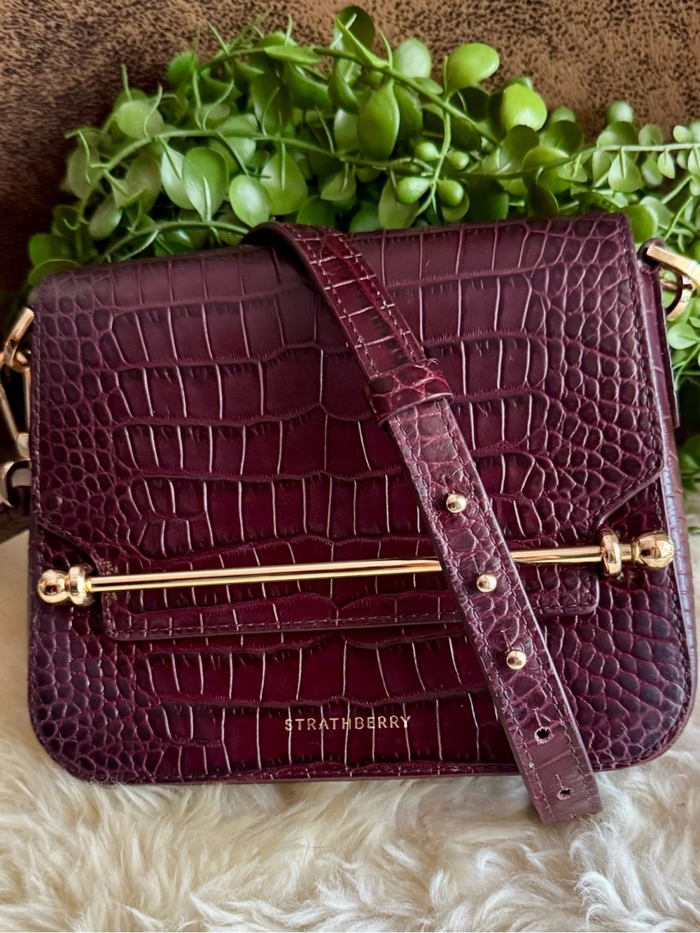 Strathberry Wine Croc-Embossed Leather Crossbody with Gold Bar
